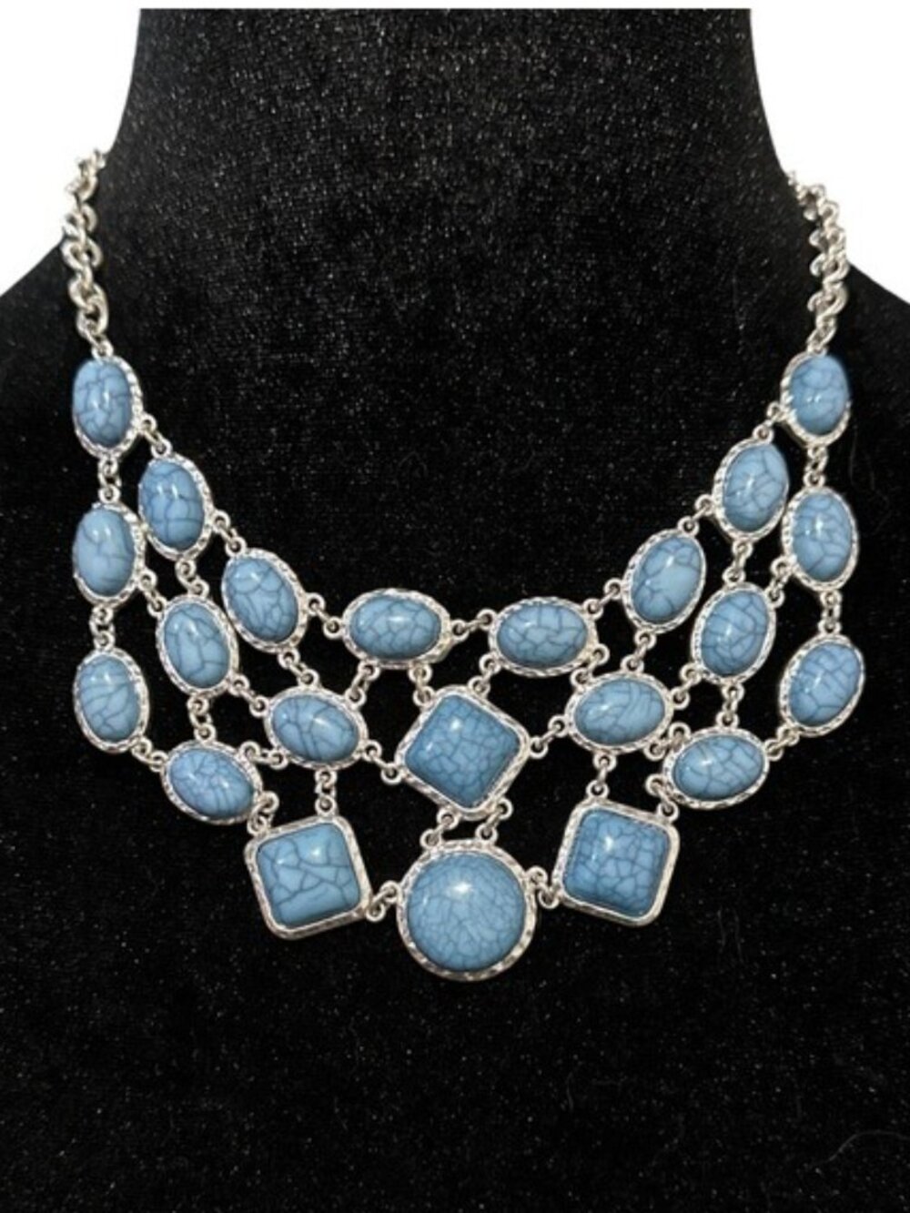 Bib Statement Necklace Silver Tone Blue Simulated Stone Lightweight Adjustable